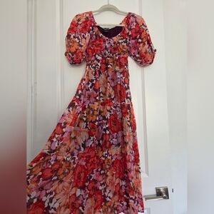 Floral Puff-Sleeve Maxi Dress - Red Multi